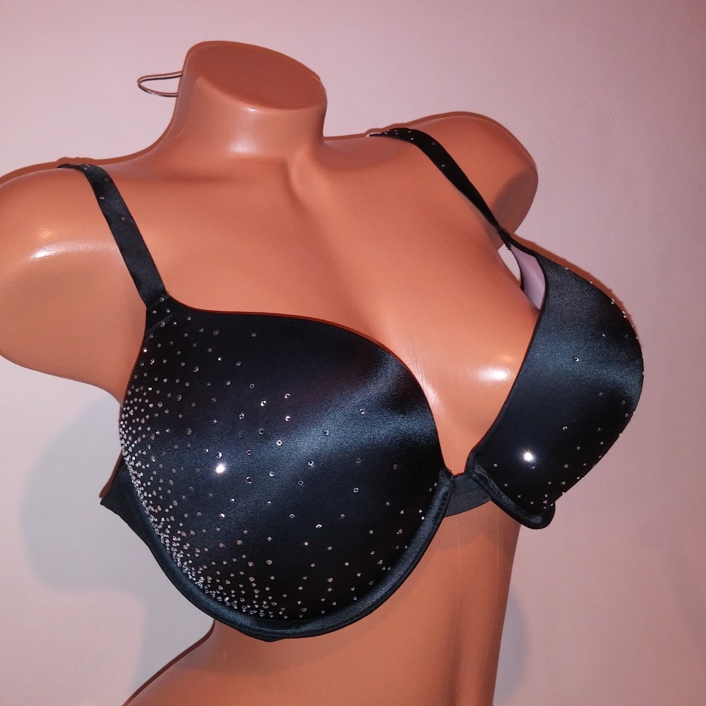 Victoria Secret Bra 38D Bombshell Push Up Bling Black Silver Studded Very Sexy